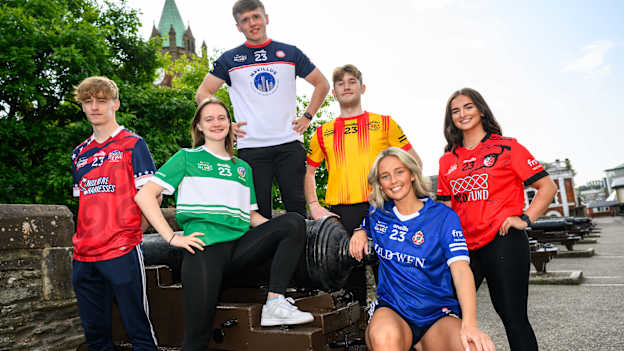 The FRS Recruitment GAA World Games - Derry Launch showcasing some of the O'Neills jerseys on the famous Derry Walls