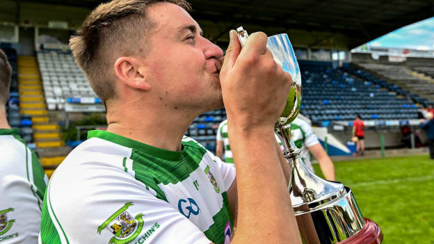 St Fechin’s joint captain Peter Fortune kisses the cup after the 2023 CúChulainn Hurling League Division 2 Final match between Naomh Eoin, Sligo, and St Fechin’s, Louth, at Kingspan Breffni Park in Cavan. Photo by Oliver McVeigh/Sportsfile