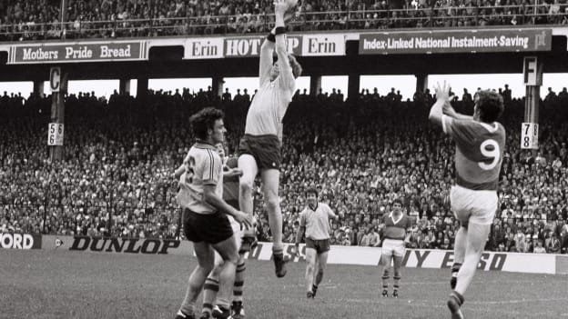Sean Doherty, Dublin, supported by team-mate Kevin Moran in action against Jack O'Shea, Kerry. GAA Football All-Ireland Senior Championship Semi-Final, Dublin v Kerry, Croke Park, Dublin. Picture credit: Connolly Collection / SPORTSFILE.