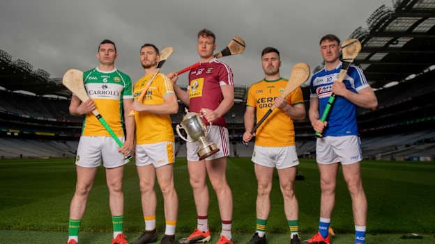 Joe McDonagh Cup hurlers, from left, Pat Camon of Offaly, Conor McCann of Antrim Tommy Doyle of Westmeath, Martin Stackpoole of Kerry and Paddy Purcell of Laois in attendance at the official launch of Joe McDonagh Cup in Croke Park. 