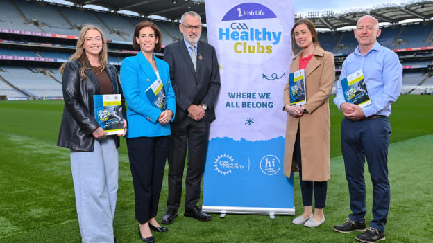 In attendance during the lunch of the GAA Substance Use Workshop; explaining drugs and alcohol, are, from left, Finglas and Cabra Drug and Alcohol Task Force Substance Use Prevention and Education Lead Sarah Linnie, Minister for Public Health, Wellbeing and the National Drugs Strategy Hildegarde Naughton TD, Uachtarán Chumann Lúthchleas Gael Larry McCarthy, Finglas and Cabra Drug and Alcohol Task Force Coordinator Michelle McNally, and Western Regional Drugs Task Force Coordinator Michéal Durcan, at Croke Park in Dublin.