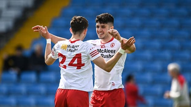 Eoin Montgomery and Gavin Potter celebrate following Tyrone's EirGrid U20 Championship semi-final win over Kerry.
